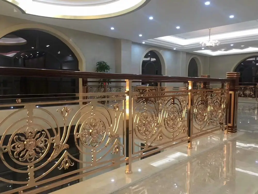 黄冈铝艺雕刻镀金楼梯扶手栏杆护栏铝合金轻奢新中式别墅铝立柱