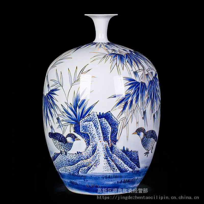 陶瓷名人作品景德镇手绘描金青花竹报平安花瓶中式书房装饰摆件- 供应商网
