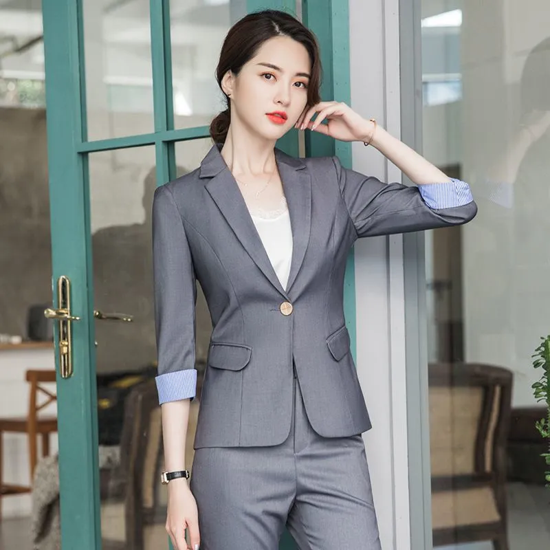 灰色小西装职业套装女定制 2019新款韩版时尚正装气质修身 白色工作西服外套厂家批发