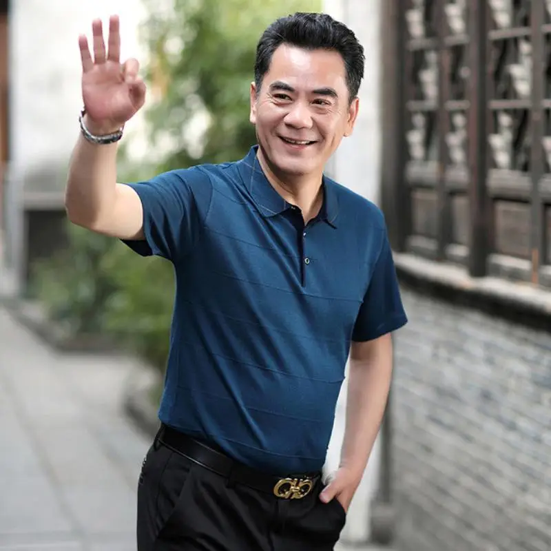 义乌中老年人服装尾货批发市场半袖体恤条纹POLO衫翻领套头男士短袖衫全国服装批发市场货源