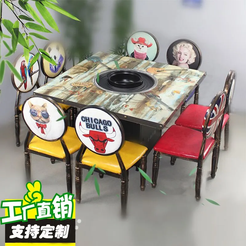 品的商用涮烤一体桌无烟电陶炉火锅烧烤桌工业风韩式铁板烧烤肉汤锅串串一体桌电灶电火锅桌定制