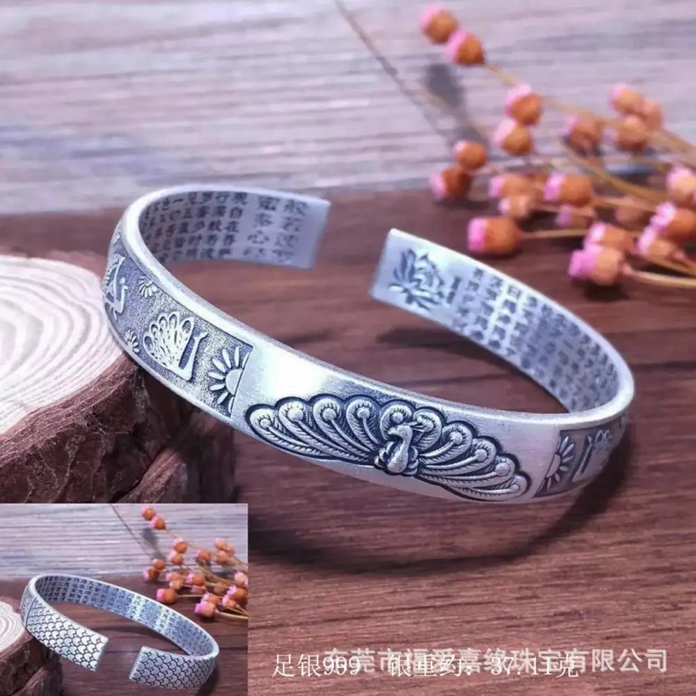 999千足银复古孔雀开口手镯 定制加工直生产制造