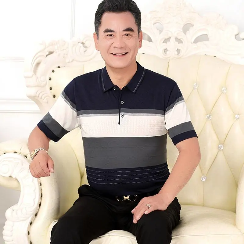 义乌中老年人服装尾货批发市场半袖体恤条纹POLO衫翻领套头男士短袖衫全国服装批发市场货源