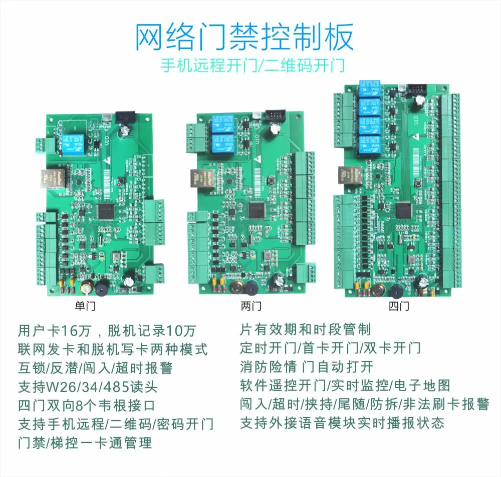手机远程开门门禁控制板TCP联网维根读头单门双向两门四门双向485读头