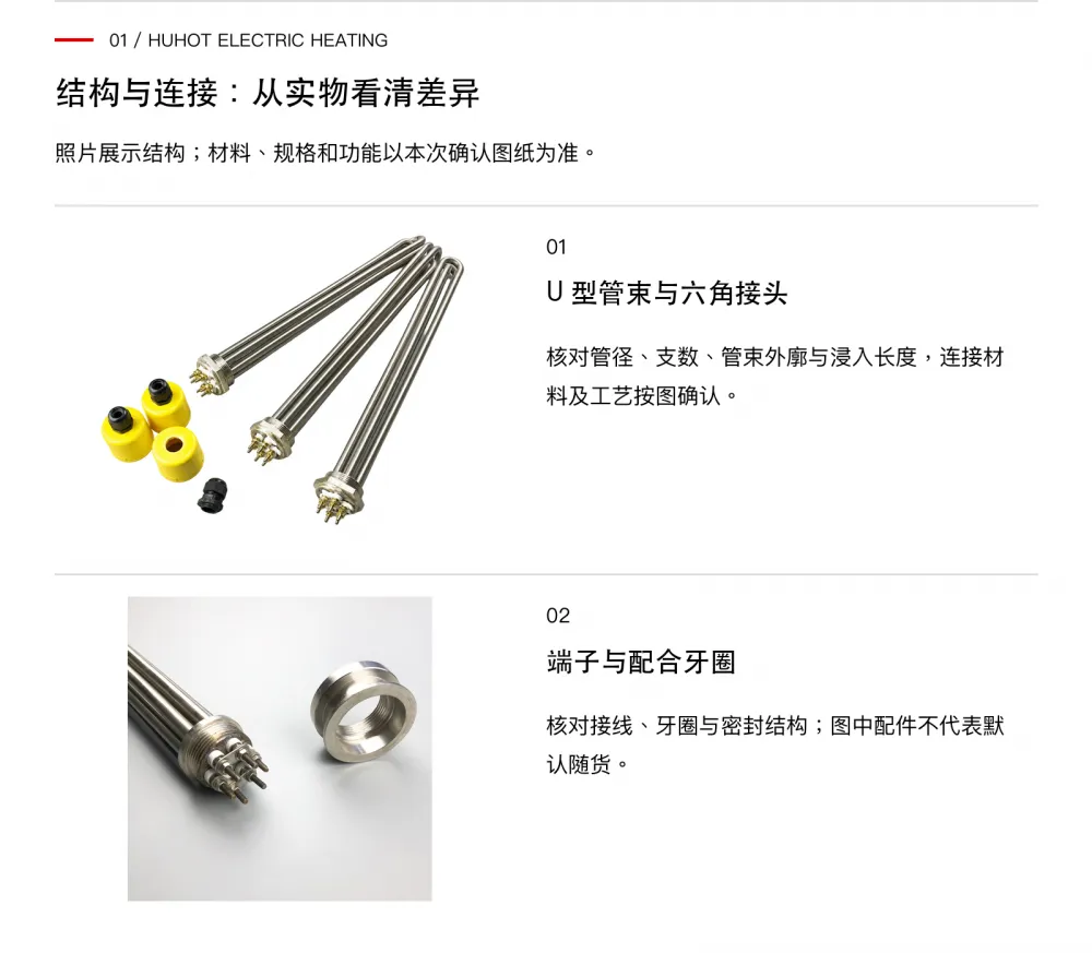 华赫六角螺纹丝扣电加热管结构和连接部位实拍说明