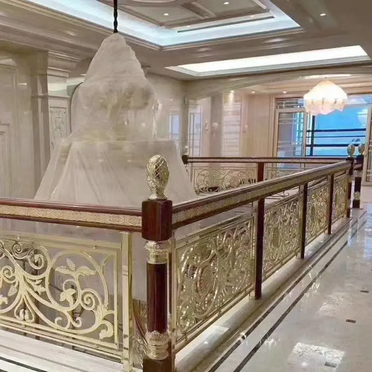 黄冈铝艺雕刻镀金楼梯扶手栏杆护栏铝合金轻奢新中式别墅铝立柱