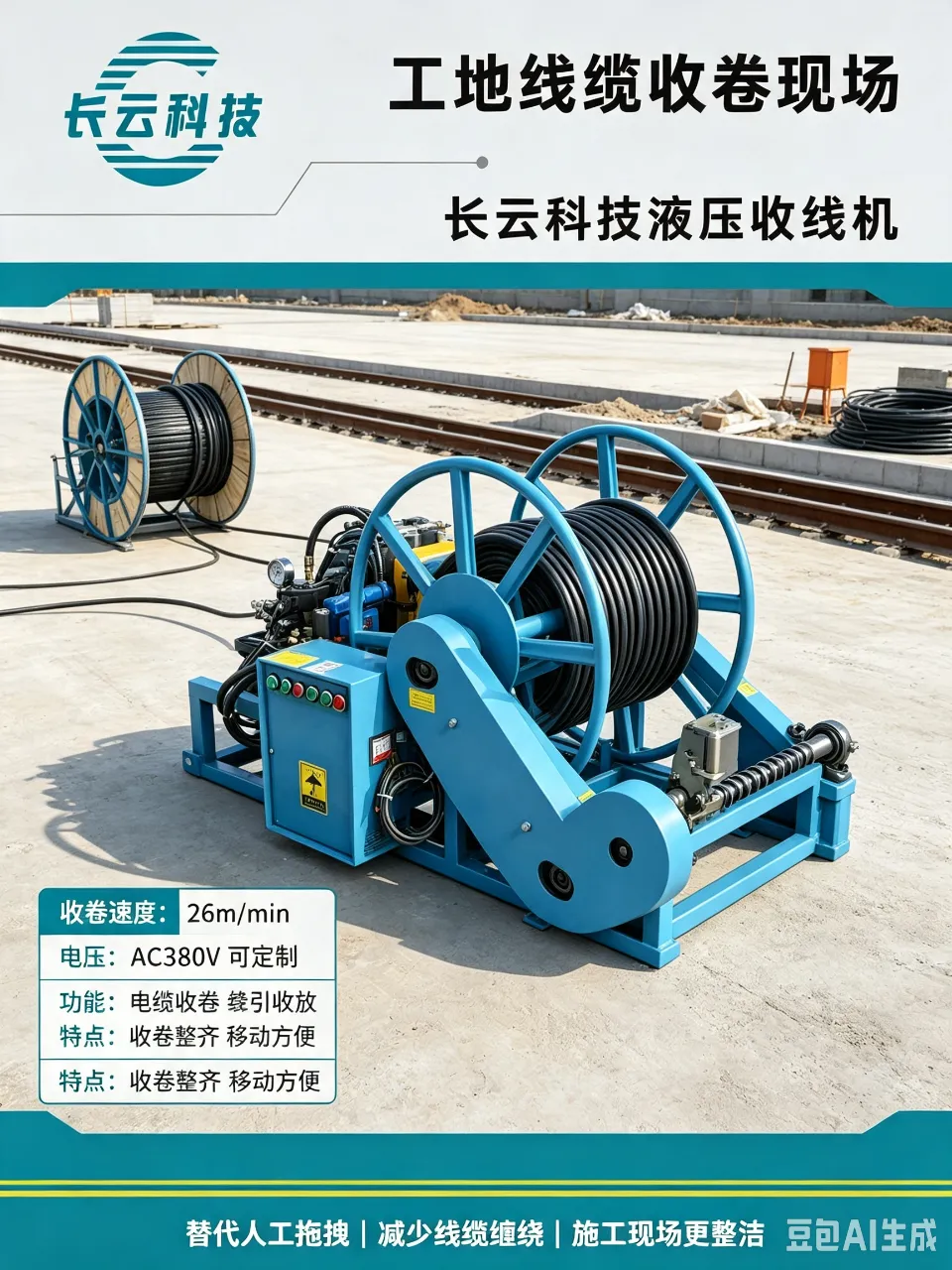 长云科技钢丝绳配合使用液压收线机与绞磨加输送机液压