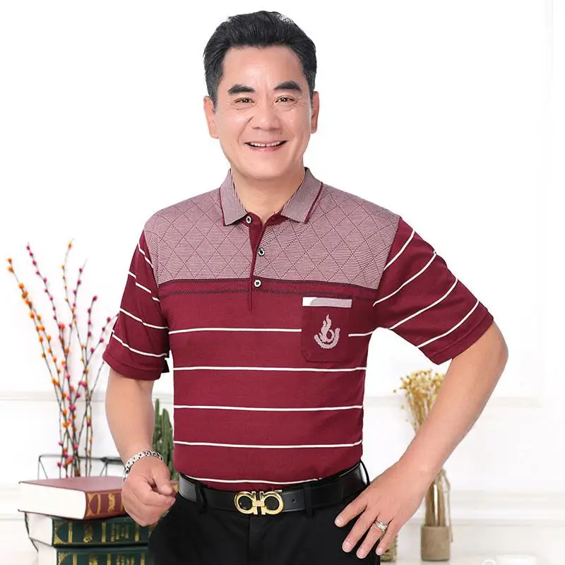 中老年服装地摊批发爸爸装针织衫条纹上衣2020宽松男士t恤冰丝中老年地摊衣服批发