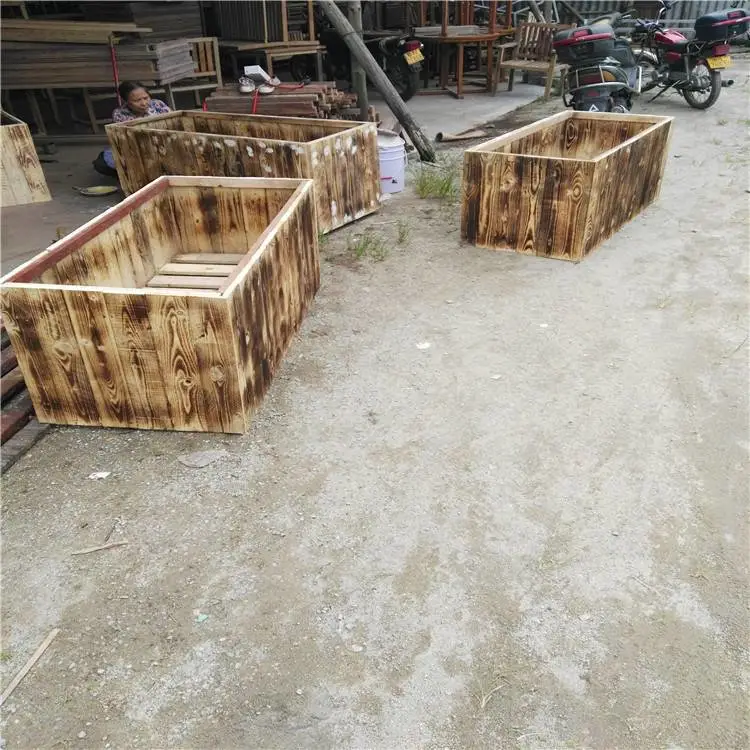 三亚庭院碳化木种植箱室外园林景观防腐木花箱菱形304不锈钢包边花箱