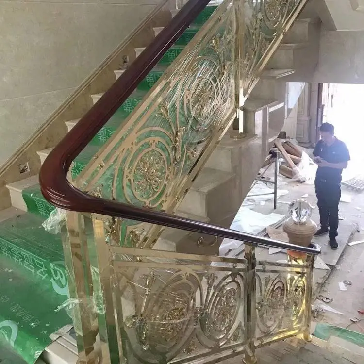 黄冈铝艺雕刻镀金楼梯扶手栏杆护栏铝合金轻奢新中式别墅铝立柱