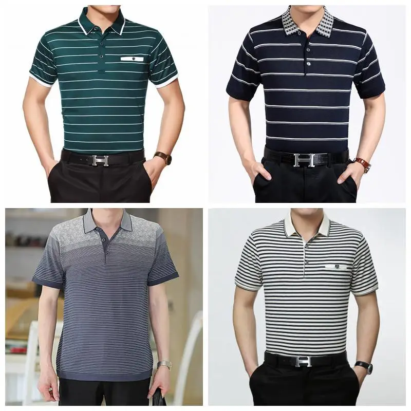 义乌中老年人服装尾货批发市场半袖体恤条纹POLO衫翻领套头男士短袖衫全国服装批发市场货源