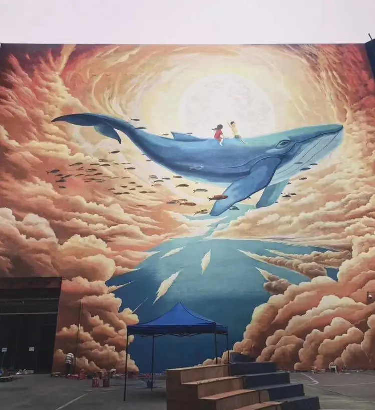 山东济宁高空墙绘涂鸦壁画_蜘蛛人施工_冷却塔烟囱凉水塔彩绘手绘油漆翻新