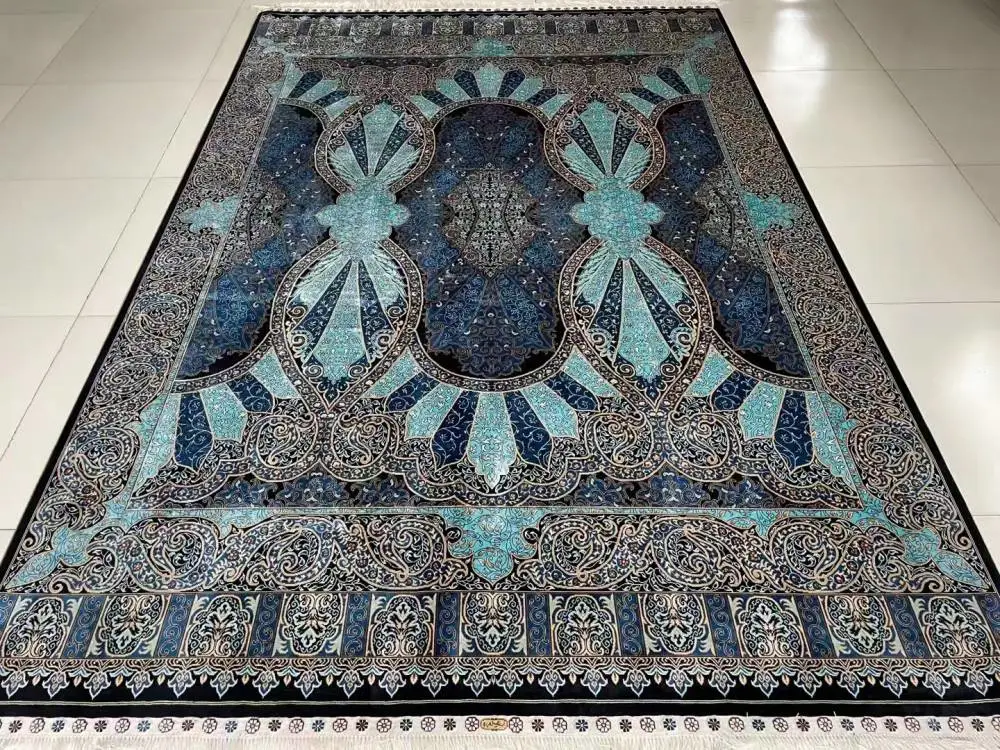 亚美地毯厂批发6x9ftft 蓝色手工编织真丝波斯地毯家用豪华地毯