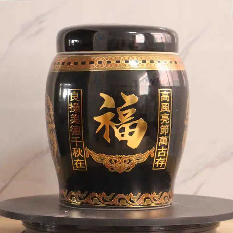 批量供应殡葬用品陶瓷骨灰罐 新品大号黑色福字骨灰坛