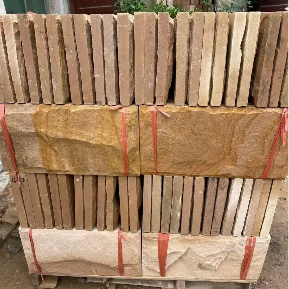 黄砂岩文化石 黄木纹蘑菇石 黄色砂岩板岩毛石片