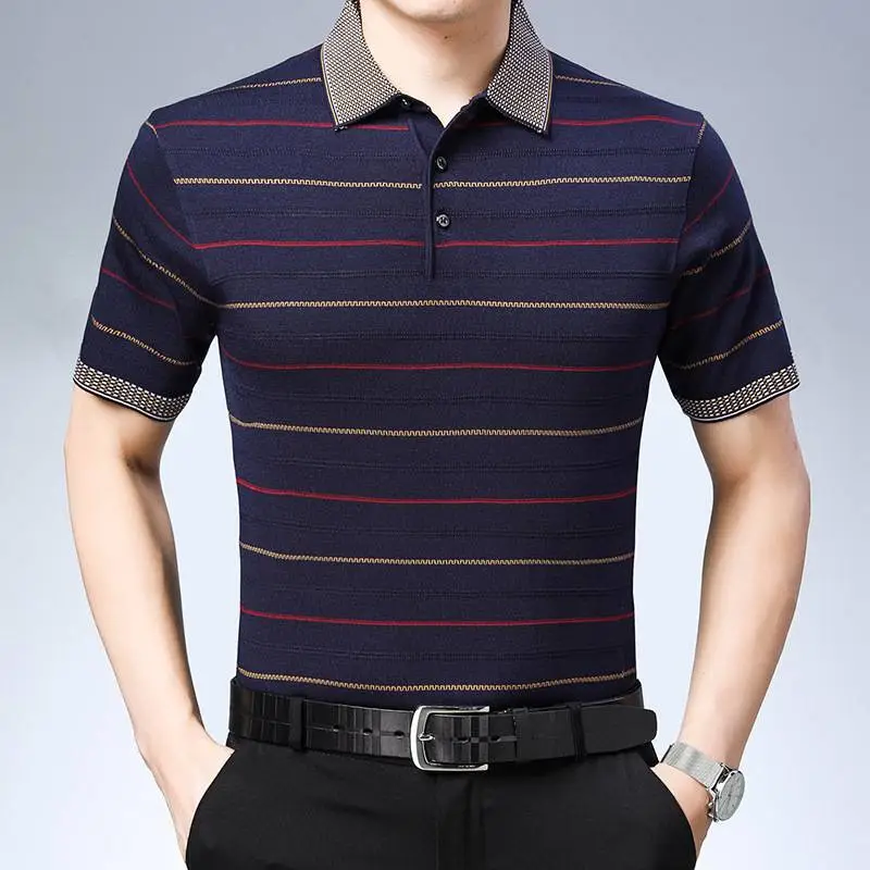 义乌中老年人服装尾货批发市场半袖体恤条纹POLO衫翻领套头男士短袖衫全国服装批发市场货源
