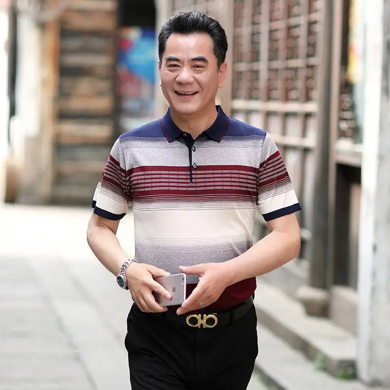 义乌中老年人服装尾货批发市场半袖体恤条纹POLO衫翻领套头男士短袖衫全国服装批发市场货源