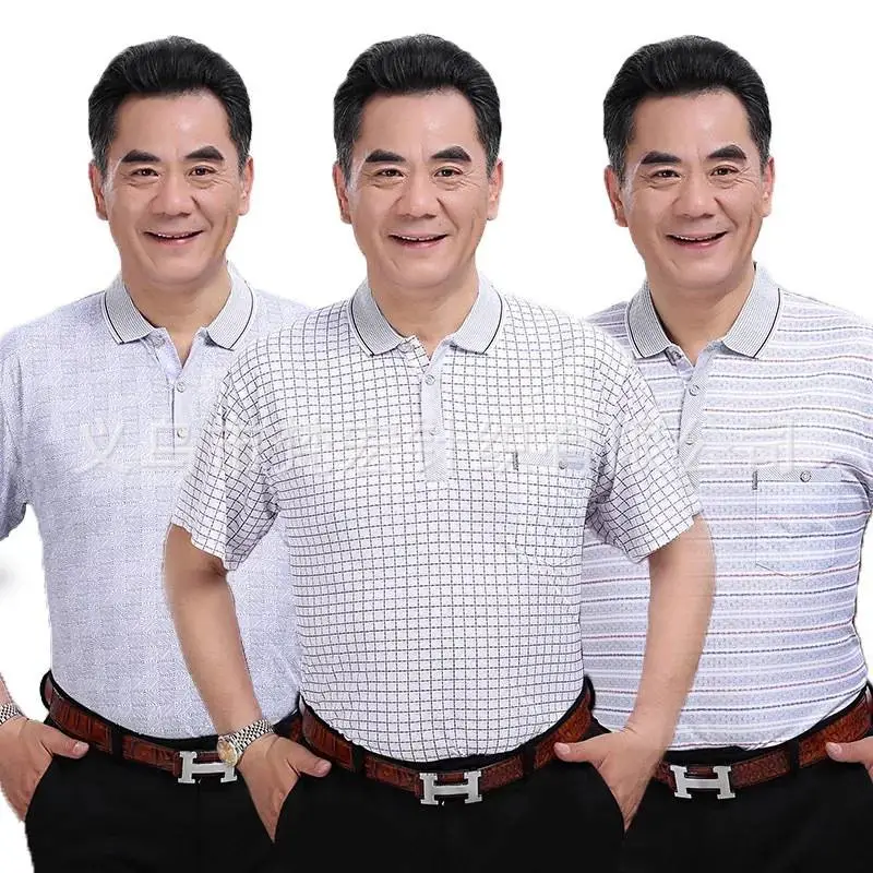 义乌中老年人服装尾货批发市场半袖体恤条纹POLO衫翻领套头男士短袖衫全国服装批发市场货源
