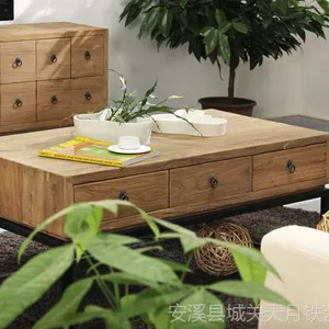 美式铁艺实木茶几带抽屉 现代简约实木小茶几 创意家具矮桌咖啡桌