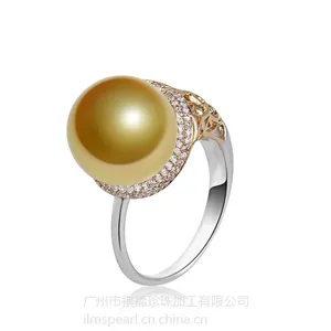 供应18k金 金色南洋珍珠戒指 戒指空托批发 可定制成925银