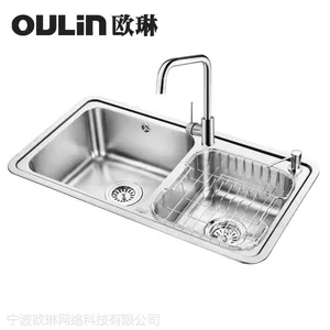 供应304不锈钢水槽 欧琳加厚水槽双槽OL2206含***沥水篮厂家热卖包邮