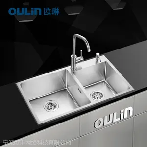 供应304不锈钢水槽 欧琳优质加厚双槽套餐OLWGZ7210A 厨房洗菜盆包邮