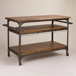 美式风格 复古做旧 铁艺实木餐车 四轮置物推车 多功能餐车手推车