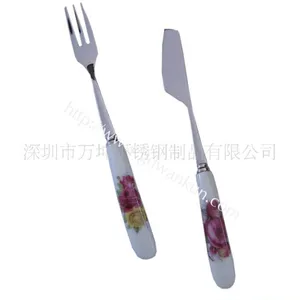 供应不锈钢陶瓷柄月饼刀叉(中秋礼品餐具)
