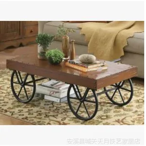 铁艺仿锈做旧带轮茶几美式乡村复古做旧风格实木茶几/铁艺咖啡桌