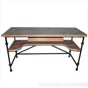 美式实木铁艺笔记本书柜电脑桌台式桌榆木家用办公桌落地式促销