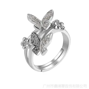 925银梦蝶女款戒指 银饰批发 锆石戒指
