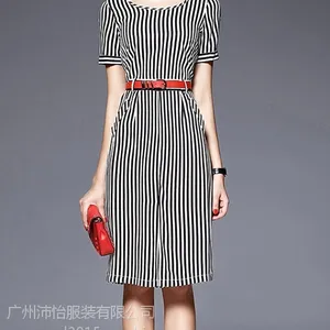 广州沛怡服饰2015新款夏装条纹圆领短袖修身名媛女装连衣裙【厂家加工定制贴牌】