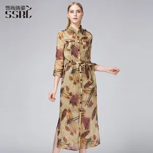 秋冬新款***真丝亚麻连衣裙专柜正品印花大码修身印花品牌女装工厂直销