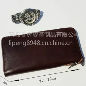 厂家加工定制生产女式男式通用头层牛皮复古油蜡皮手工拉链长款钱包