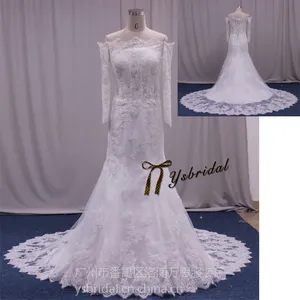 wedding dress factory一字肩长袖修身显瘦镂空蕾丝鱼尾拖尾新娘婚纱礼服敬酒服
