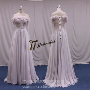 欧美雪纺一字肩长袖A摆长款拖尾新娘婚纱礼服敬酒服宴会礼服批发