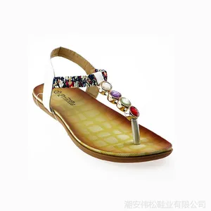 新款宝石串珠凉鞋女新款欧美夏季舒适平底女鞋松紧带夹脚女式凉鞋