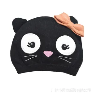 勇发服饰 儿童黑色可爱猫咪蝴蝶结毛线针织套头帽 绣花定做