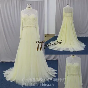 韩款黄色蕾丝高领长袖修身长款小拖尾新娘婚纱礼服舞会裙宴会礼服
