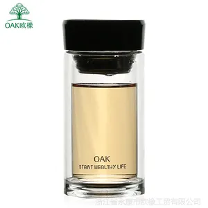 欧橡双层玻璃杯 带盖创意透明水杯 便携车载办公水杯子 防漏茶杯