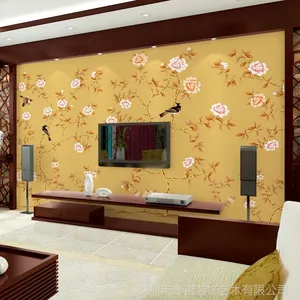 黄色低花鸟无缝大型壁画 高清手绘新中式背景图案壁纸 电视 沙发