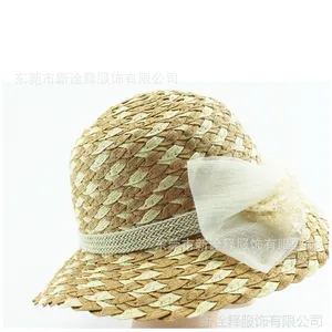 韩版夏季草编定型太阳帽圆顶蝴蝶结帽子渡假沙滩帽撞色卡其色边帽