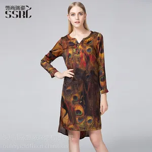 秋冬新款***桑蚕丝连衣裙专柜正品印花大码修身印花精品女装工厂批发