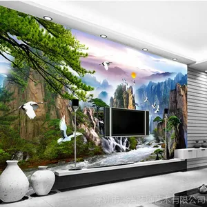 中式现代山水远景壁画 田园壁纸 大厅客厅书房办公室背景墙纸墙布