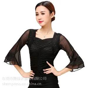 广场舞蹈服装跳拉丁舞长袖上衣新款修身V领摩登舞上装女中袖