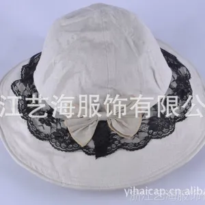 供应新款女士户外时装帽子/夏天防晒遮阳帽/蕾丝边丝带蝴蝶结大檐帽/帽子工厂现货批发