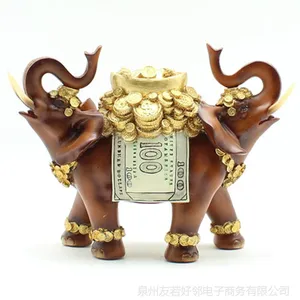 欧式时尚客厅泰国***仿木双头大象创意家居摆件树脂工艺装饰礼品