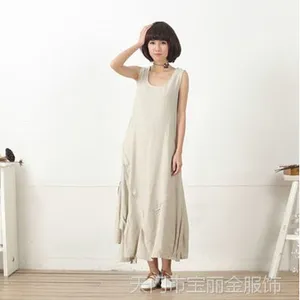 新款文艺森女棉麻宽松大码亚麻无袖背心 韩版不规则连衣裙长裙