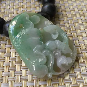 飘绿荷叶鱼和气***挂件正品缅甸翡翠吊坠