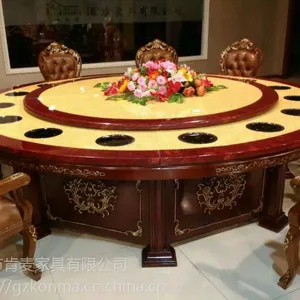 工厂直供中式餐厅火锅桌 实木底座 六人位大理石面火锅餐桌